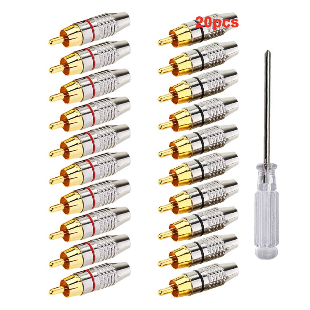 Aiqeer 20 Pcs RCA Plug Connectors, Audio/Video RCA Adapter, Solderless Audio Coaxial Cable Connector, for Multimedia and CCTV