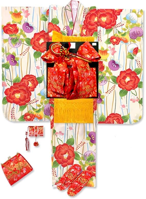 Amazon 七五三 着物 7歳 フルセット総柄の女の子用 子供着物 結び帯セット 合繊 白系 椿と橘 T7k 15d102yy 着物 浴衣 通販