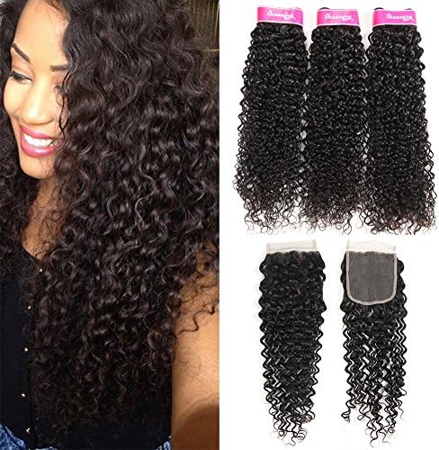 Virgin Curly Hair Bundles With Closure 8A Unprocessed Virgin Brazilian Human Hair Weave 3 Bundles Kinkys Curly Hair Bundles With Closure shuangya hair (12 14 16+10 Closure,Free Part)