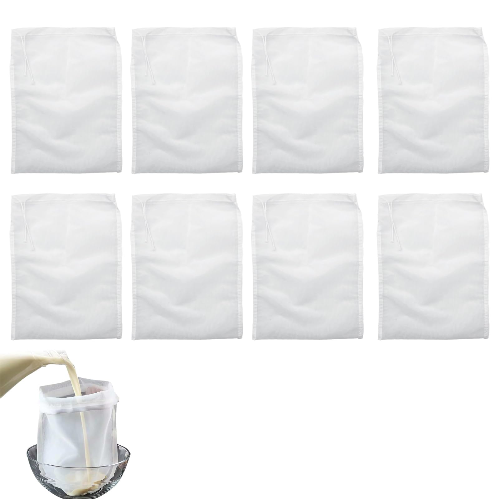 8 Pcs Nut Milk Mesh Bag,Cheese Cloths for Straining,Muslin Strainer Cloths,Drawstring Filter Mesh Bag for Filtering Juice,Nut,Milk,Yogurt,Coffee,Soy Milk（200&100mesh）
