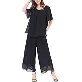 Women's Chiffon Summer 2 Piece Outfits Suit Blouse Top Capri Wide Leg Dress Casual Business Pants Sets