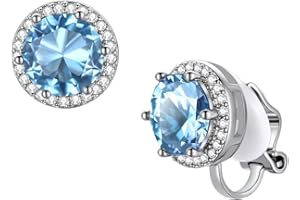 FindChic Sparkling Birthstone Clip On Earrings for Women, Silver Plated Stud Earrings 8MM Cubic Zirconia Non Pierced Studs, 12 Months Birthday Jewelry Gift