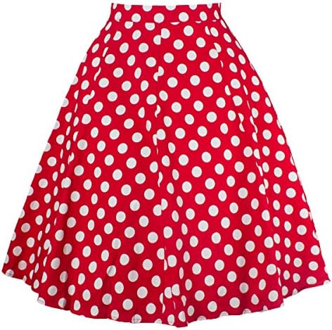 AKENA Women's Vintage Pleated High Waist Street Skater Knee Length A-line Skirt Casual Floral Print Swing Midi Skirt Red Polka Dot 8/10