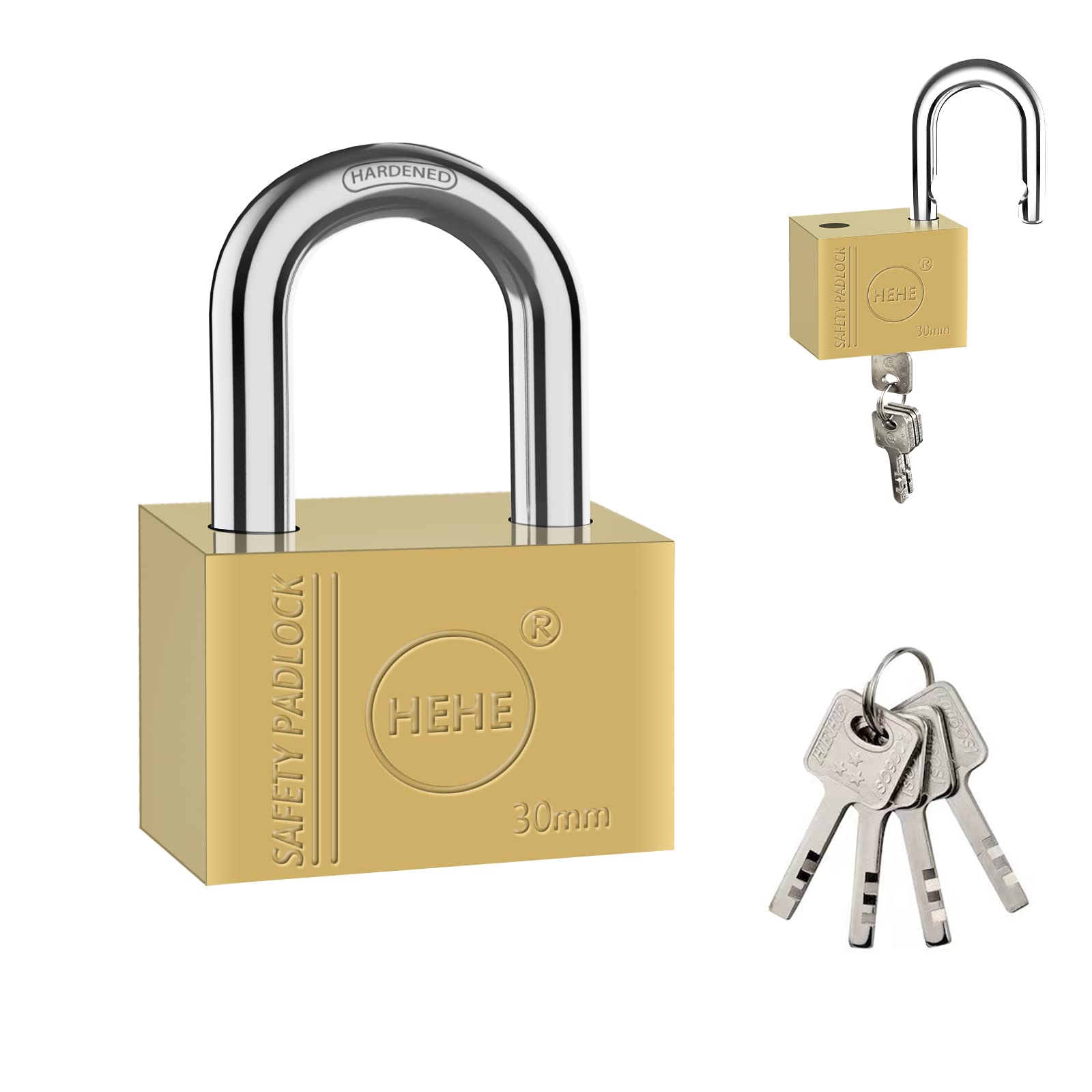 Heavy Duty Solid Brass Padlock, Security Lock Apartment Door Lock, Locker Padlock with Key, Increased Reinforcement, Square Reinforced Lock 30mm(Normal)