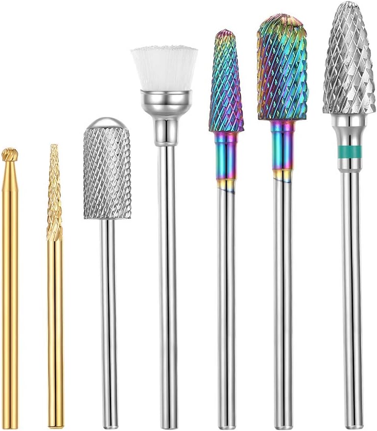 Tungsten Carbide Nail Drill Bits Set for Acrylic Nails, 7 Pcs Nail File Drill Bit Manicure Pedicure 3/32”, Colorful Nail Grinding Head Remove Acrylic Nail Polish Dipping Powder Extension Gel