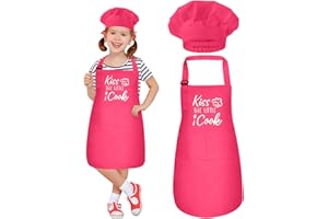 XLSXEXCL Kids Apron and Chef Hat Set, “Kiss The Little Cook” Apron Adjustable Child Apron Chef Training Funny Apron