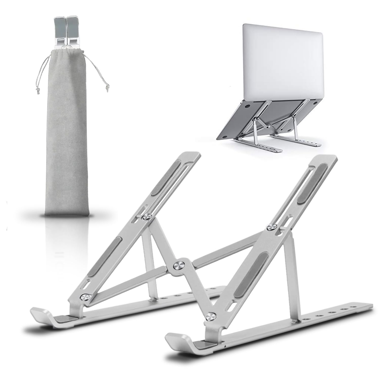 Laptop Stand, Computer Stand Aluminium Notebook, Adjustable 7 Angles, Ventilated Cooling Compatible with PC 10 – 15.6 Inch Macbook Air, Pro, Bag Included, Silicone Inserts Anti-Slip