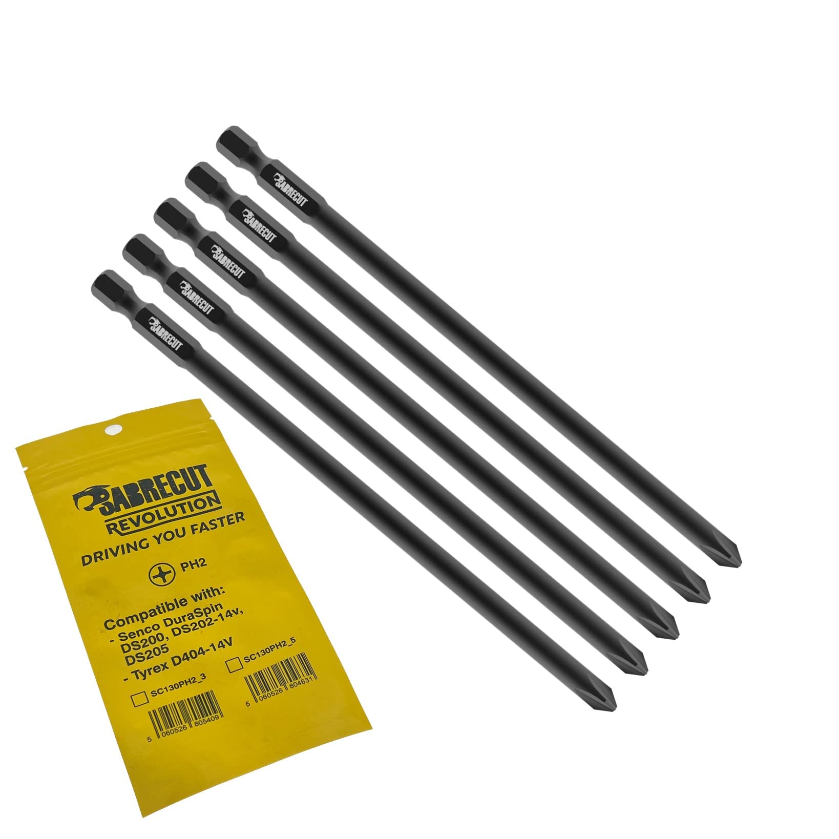 5 x SabreCut SC130PH2_5 130mm PH2 Compatible with SENCO DuraSpin DS200 DS202 DS202-14v DS205 EA0122 and TYREX D404-14V Autofeed Collated Drywall Screwdriver Gun Bit Phillips No.2 Heavy Duty