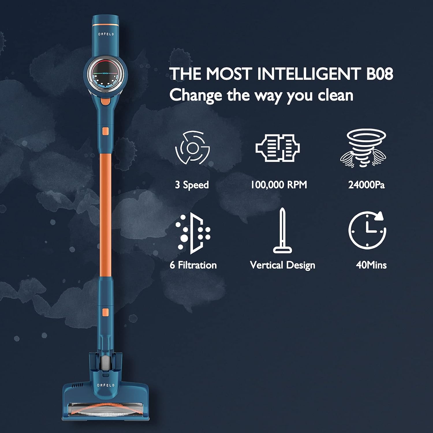 ORFELD Cordless Vacuum Cleaner, 24000Pa Powerful Suction Stick Vacuum 40 mins Runtime, 3 Cleaning Modes, 5 in 1 Ultra-Quiet Handheld Vac Self-Standing for Hard Floor Car Pet Hair -