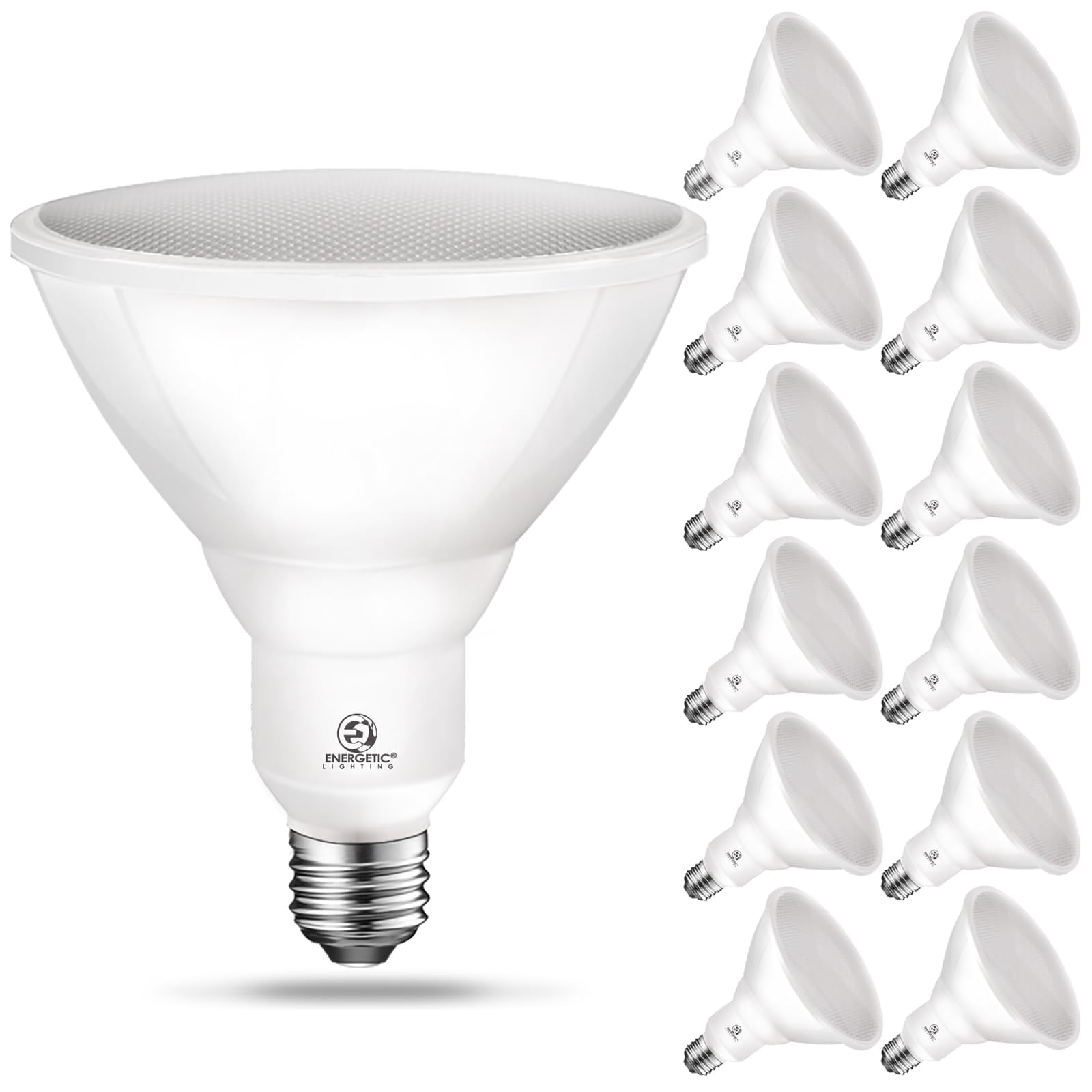 Photo 1 of Energetic LED PAR38 Outdoor Flood Light Bulb Home Residential Patio Driveway Light, PAR38 LED Bulb, 4000K Cool White Dimmable, 100W Equivalent 12.5W, Wet-Rated, 1050 Lumen, E26 Base, ETL, 12 Pack