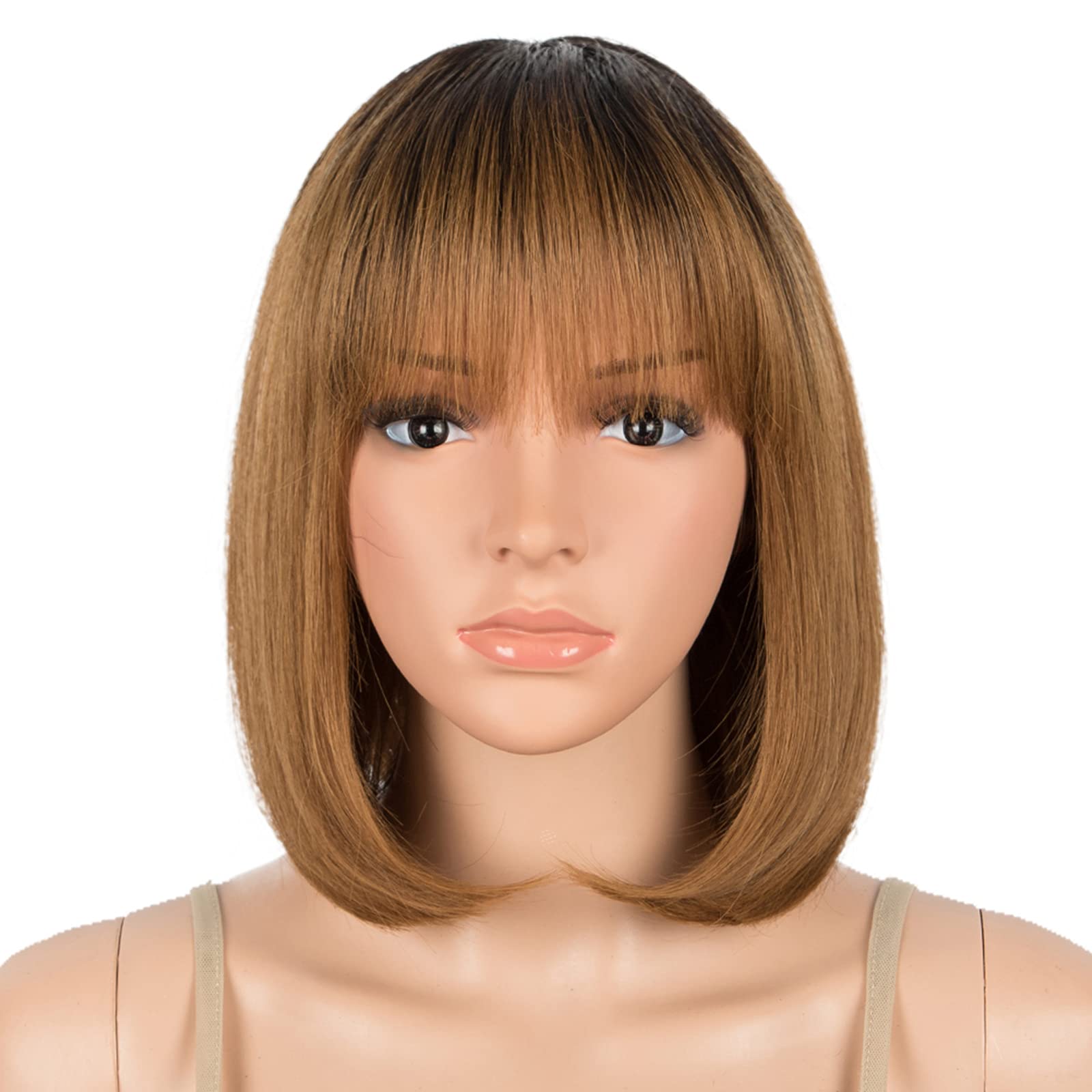 DÉBUT human hair Bob Wig with Bangs Short Straight Wigs for Women Pixie Cut 150% Density Brazilian Virgin Remy Hair（10 inches,TT1B30）
