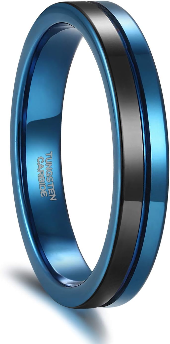 Greenpod 4mm Tungsten Wedding Bands for Women Men Blue/Silver/Gold/Rose Gold Engagement Rings High Polish/Brushed Finish Grooved Comfort Fit Size 4-12