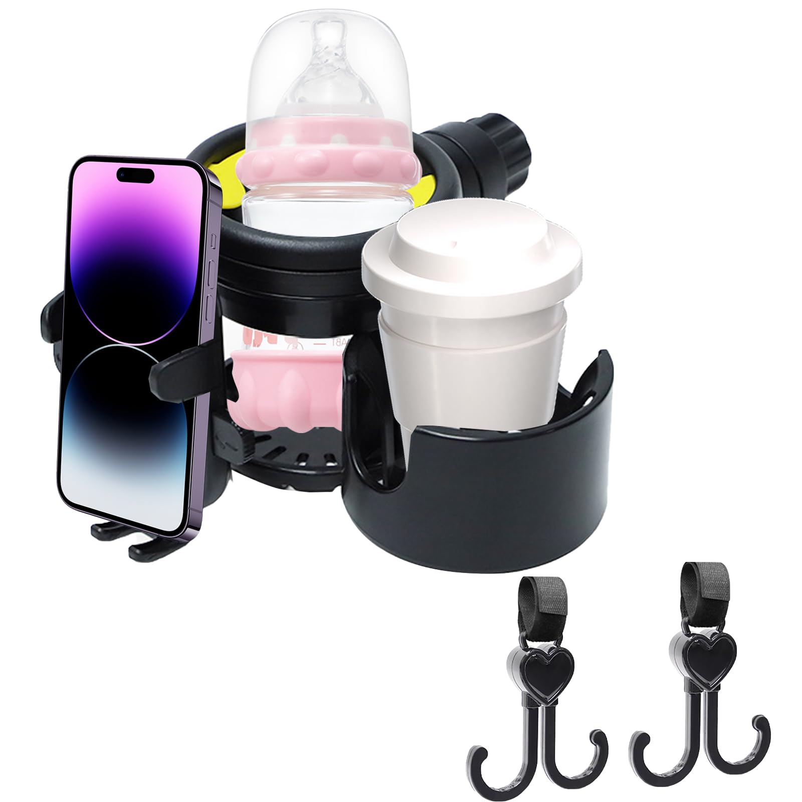 Tomtary Pram Cup Holder, 3 in 1 Buggy Cup Holder Universal Stroller Cup Holder 360° Rotating Phone Holder Drink Coffee Holder Baby Bottle Organizer for Pram Stroller Buggy Pushchair