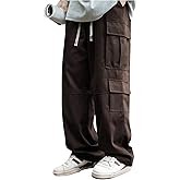 VIPWOLF Men's Wide Leg Cargo Pants Drawstring Flap Pockets Hip Hop Baggy Track Pants Streetwear