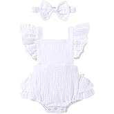 Happy Town Baby Girl Clothes Toddler Summer Linen Romper Sleeveless Ruffle Outfits Infant Girls Jumpsuit with Headband