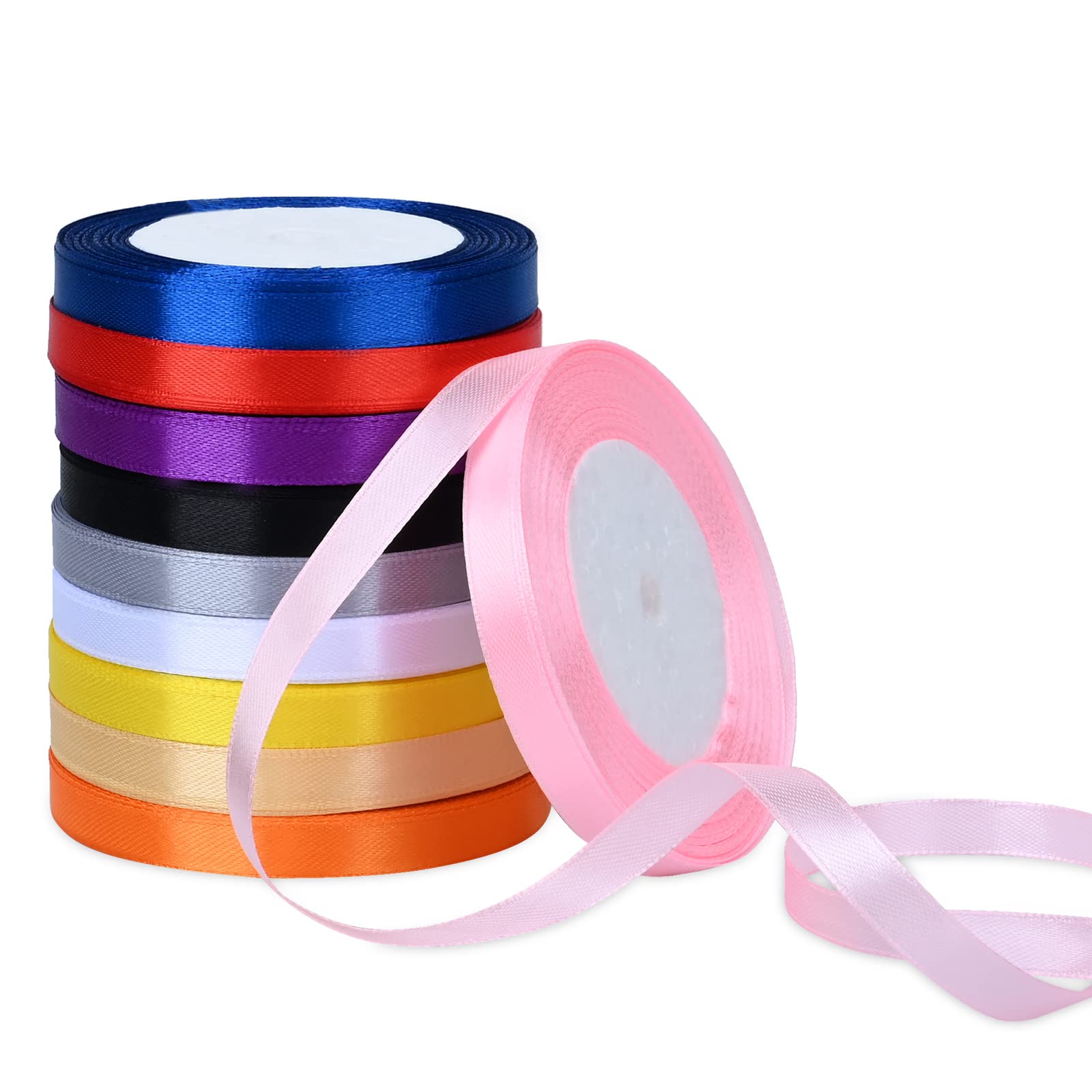 ‎AKHTART Double Faced Satin Ribbon - 10 Rolls/10 Colours, Polyester Ribbon, Fabric Ribbon for Gift Wrapping, Crafting, Balloons, Gift, Cake, Wedding, Party Decorations (10MM)