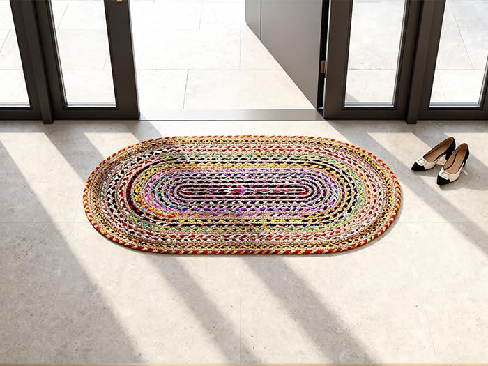 Craft Trade Chindi Jute Area Rug Braided Hand Woven Boho Rag Rug Reversible Colorful Home Decor Farmhouse Carpet Rug for Kitchen Living Room and Bedroom - Oval 60x90 cm