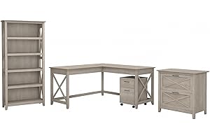 BUSH BUSINESS FURNITURE Bush Furniture Key West 60W L Shaped Desk with File Cabinets and 5 Shelf Bookcase in Washed Gray