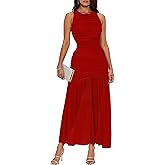 GOKATOSAU Women's Sleeveless Round Neck Full Ruched Bodycon Mesh Ruffle Hem Long Maxi Dress
