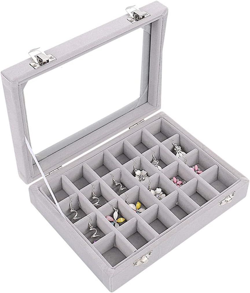 Ivosmart 24 Section Velvet Glass Jewelry Ring Display Organiser Box Tray Holder Earrings Storage Case (Grey): Home & Kitchen