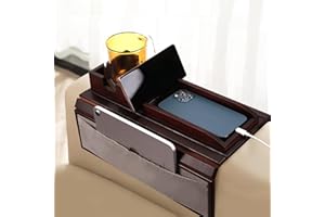 GIIFER Couch Cup Holder Tray，Couch arm Table with Side Storage Pocket，Couch arm Tray with Anti-Slip Design, Natural Bamboo Sofa Tables for Drinks, Snacks, Cup, Remote and Phone—Mahogany