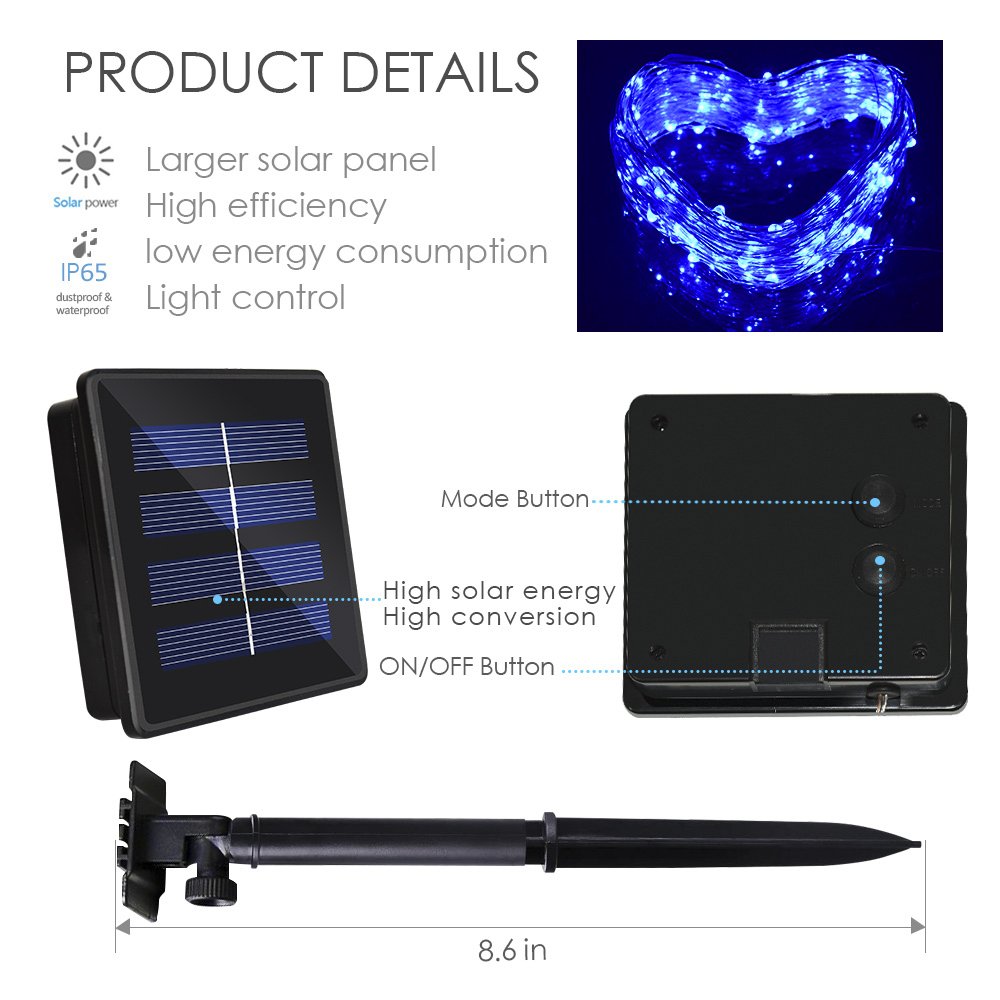 2 Pack Solar String Lights,33ft 100 LED Solar Fairy Lights 8 Modes Blue Copper Wire Lights Waterproof Outdoor String Lights for Garden Patio Gate Yard Party Wedding Xmas Tree