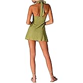 RoseSeek Women's Tie Backless Halter Dresses V Neck Sleeveless Mini Dress Flared A Line Summer Dresses