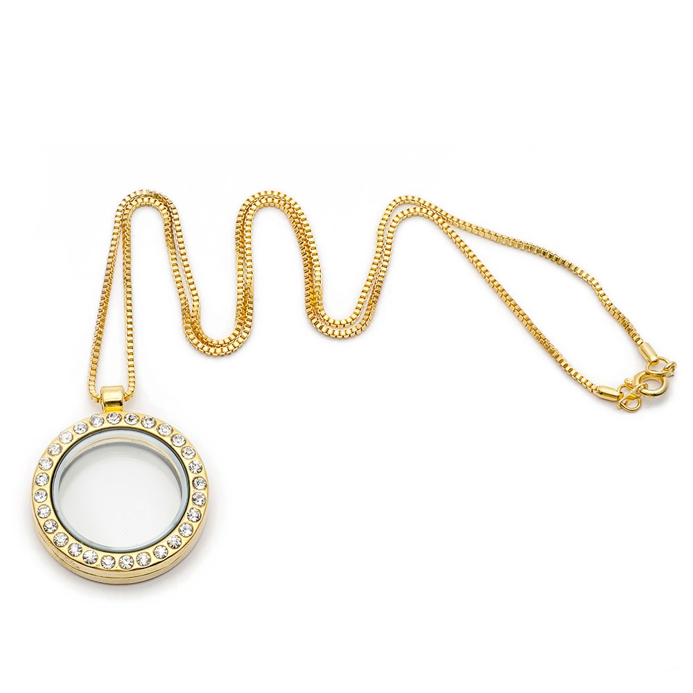 RUBYCA Living Memory Floating Charm Round Glass Locket Pendant Necklace 20 Inches 5pcs Gold Color