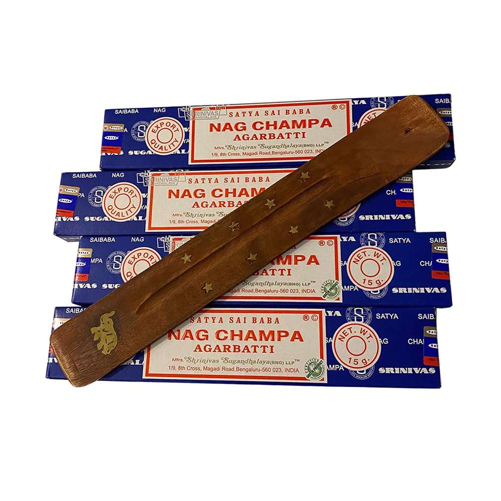 VIE Satya Incense Sticks, 4 Packs x 15g, with Incense Holder, Nag Champa