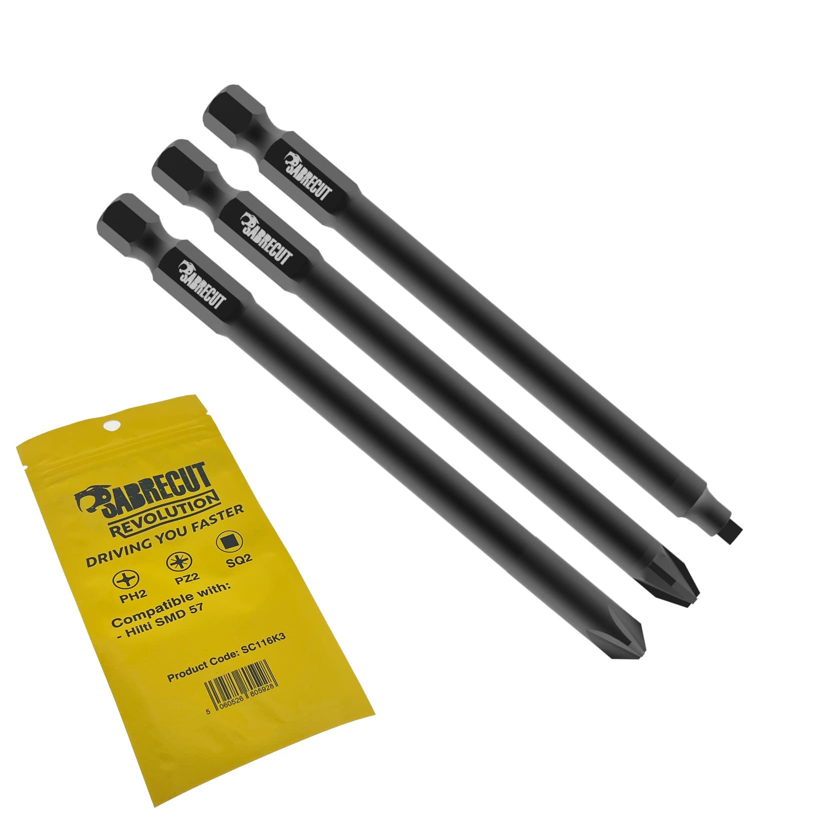 3 x SabreCut SC116K3 116mm PH2 PZ2 SQ2 Compatible with Hilti SMD 57 SMD57 116/4 1/2 Autofeed Collated Drywall Screwdriver Gun Bit Single Ended Phillips Pozi Square No.2 Heavy Duty