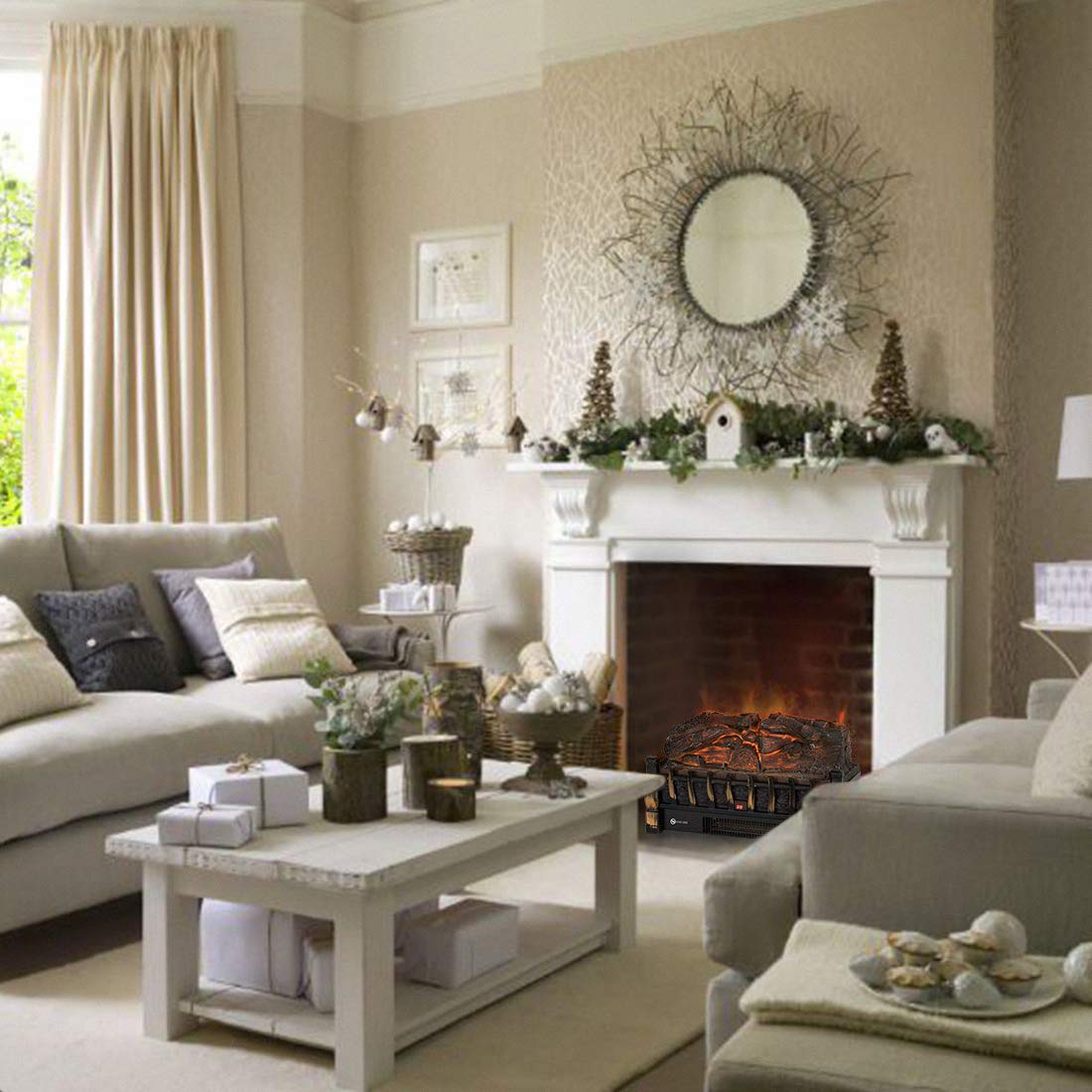 VIVOHOME 110V Electric Insert Log Quartz Fireplace Realistic Ember Bed Fan Heater Plus Infrared Remote Controller Golden