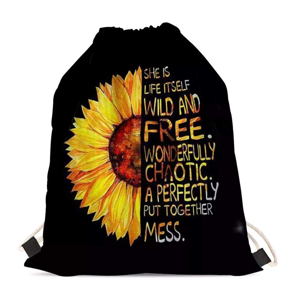 SEANATIVE Fashion Sunflower with Text Women Girls Drawstring Backpack Outdoor Daypack Gym Athletic Sack Beach Bags
