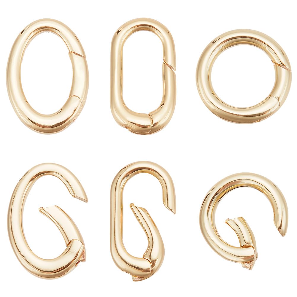 BENECREAT 6Pcs 3 Styles Real 18K Gold Plated Oval Clasp Spring Clasps, Brass Metal Spring Gate Rings for Necklace Bracelets Jewelry Making