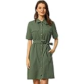 Allegra K Women's Safari Dress Collared Short Sleeve Cotton Belted Button Down Shirt Dresses