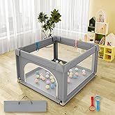 Baby Playpen, Play Pens for Babies and Toddlers, Mini Baby Fence Play Area,Safe Anti-Fall Play Yard with Gates, Small Playpen for Babies with Breathable Mesh, with Pull-Up Ring(Grey, 36" x36")