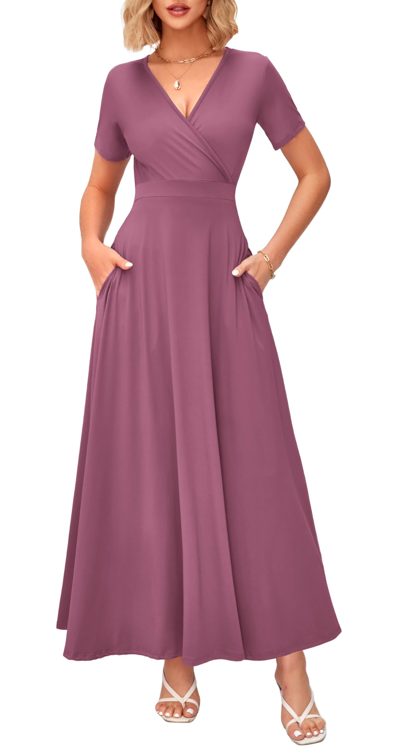 WNEEDU Women's Summer Maxi Dress Short Sleeves Wrap V Neck Long Dresses with Pockets(Mauve,3XL) Image
