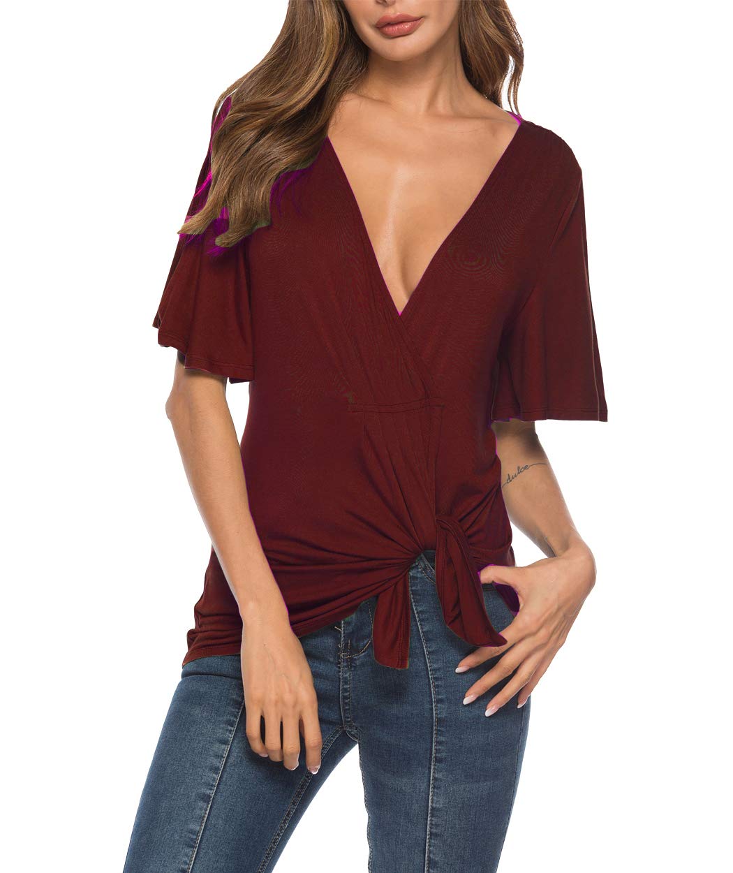Eanklosco V Neck Shirts Womens Sexy Short Sleeve Cold Shoulder Tops Unique Ruffle Front Side Slit T Shirts (M, Wine Red)