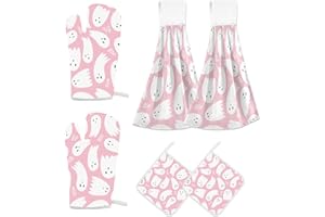 VKPSCHJ Hand Towel and Oven Mitt Set,Hanging Tie Towels and Potholders 6 Pack,Pink Ghost Halloween Absorbent Dish Towel with Loop Heat Resistant Hot Pads for Housewarming and Kitchen Decoration