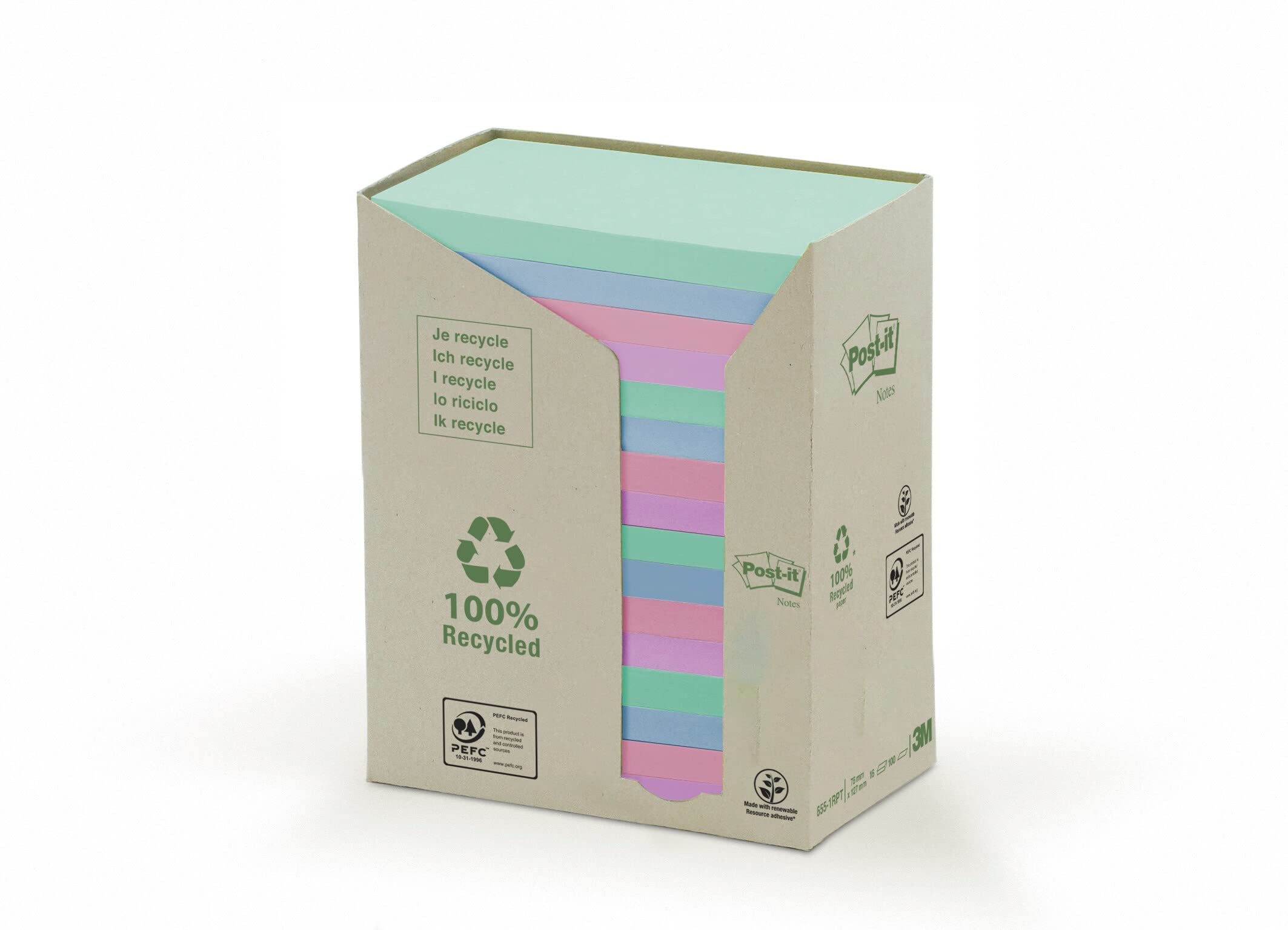 Post-it Recycled Notes - Pastel Rainbow Colours - Light Green, Grass Green, Grey Tower Pack of 16 Pads - 100 Sheets Per Pad - 76 mm x 127 mm