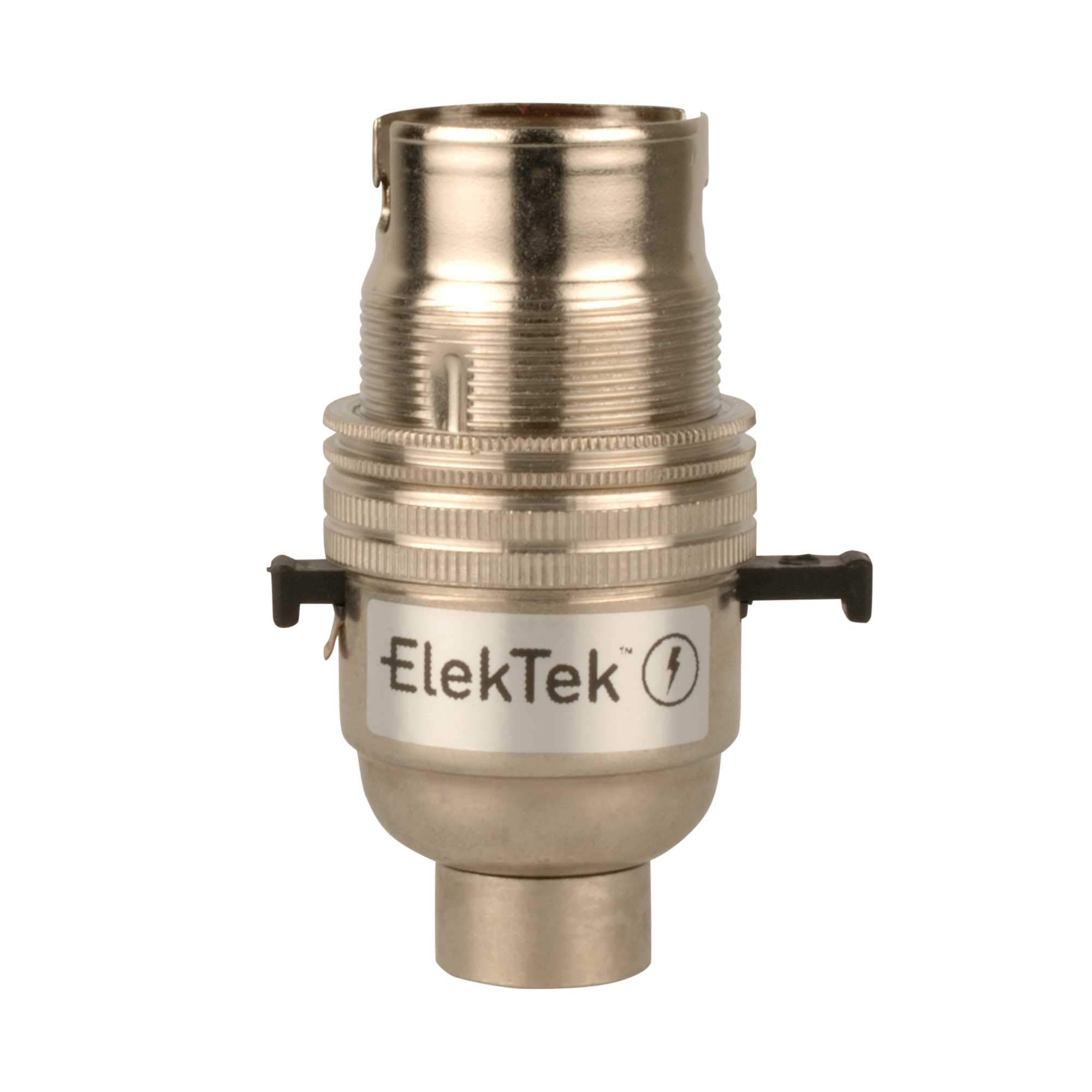 ElekTek Safety Switch Lamp Bulb Holder B22 BC Bayonet Cap & Shade Ring 1/2” 26TPI Threaded Bottom Entry Nickel Made in UK - Child Safe Switch Push Bar locks OFF & cuts power if no bulb fitted