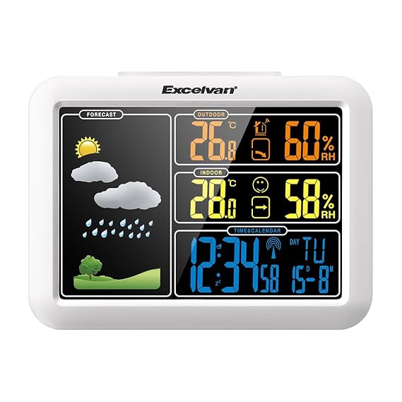 Excelvan Drahtlose Wetterstation mit Wettervorhersage, Innen-/Außentemperatur, Luftfeuchtigkeit, Alarm, Datum und Monat, Tag,
