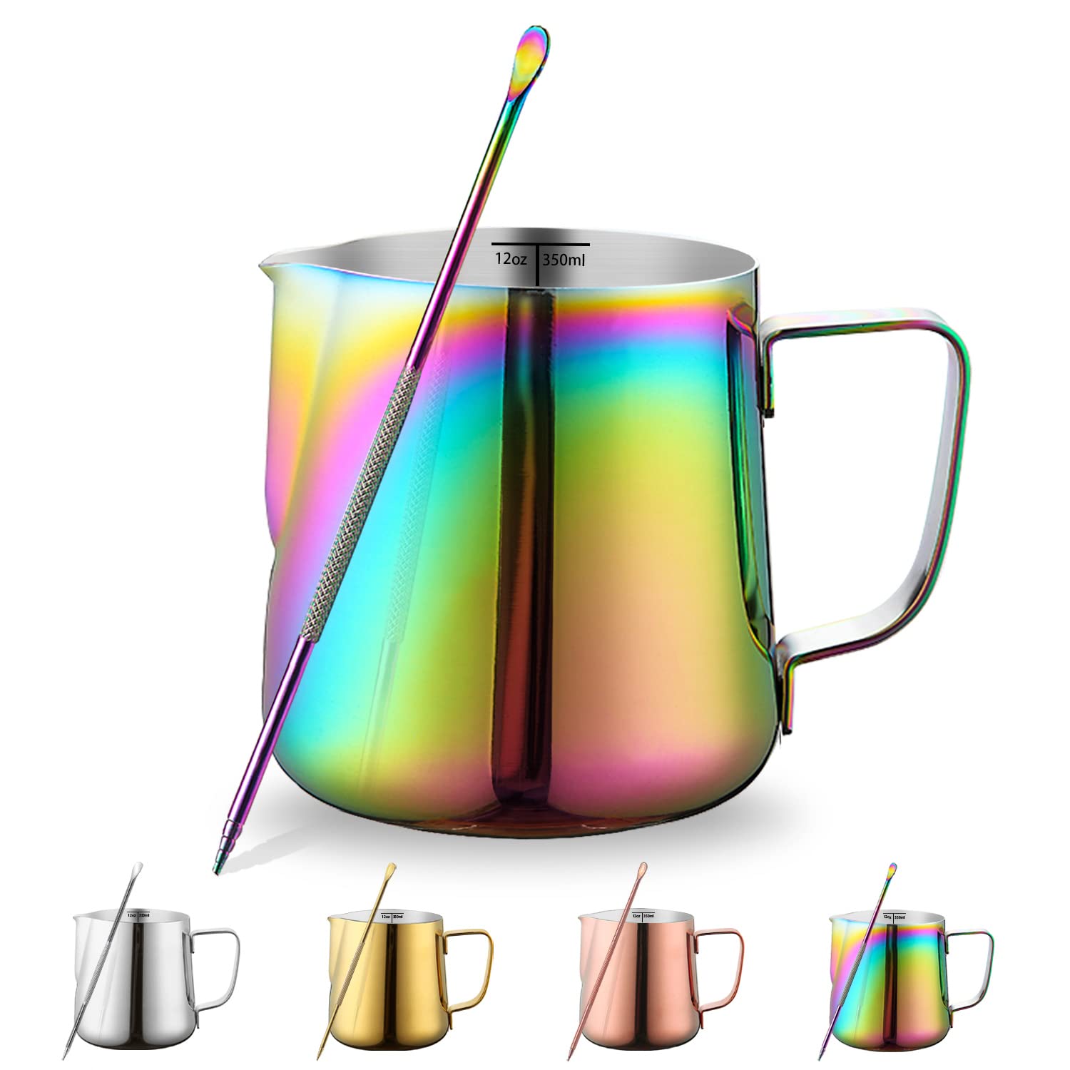 Milk Jug 12oz 350ml, Kyraton Stainless Steel Espresso Steaming Pitchers with Decorating Pen, Milk Frother Jug Cappuccino Latte Art Barista Steam Pitchers Milk Jug Cup (Rainbow)