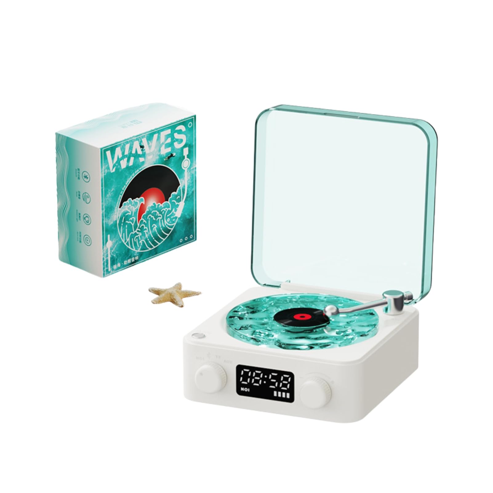 Vintage Record Player Bluetooth Speaker with Water Ripple Night Light & Time Display - Portable Wireless Sound for Bedroom Office Party White