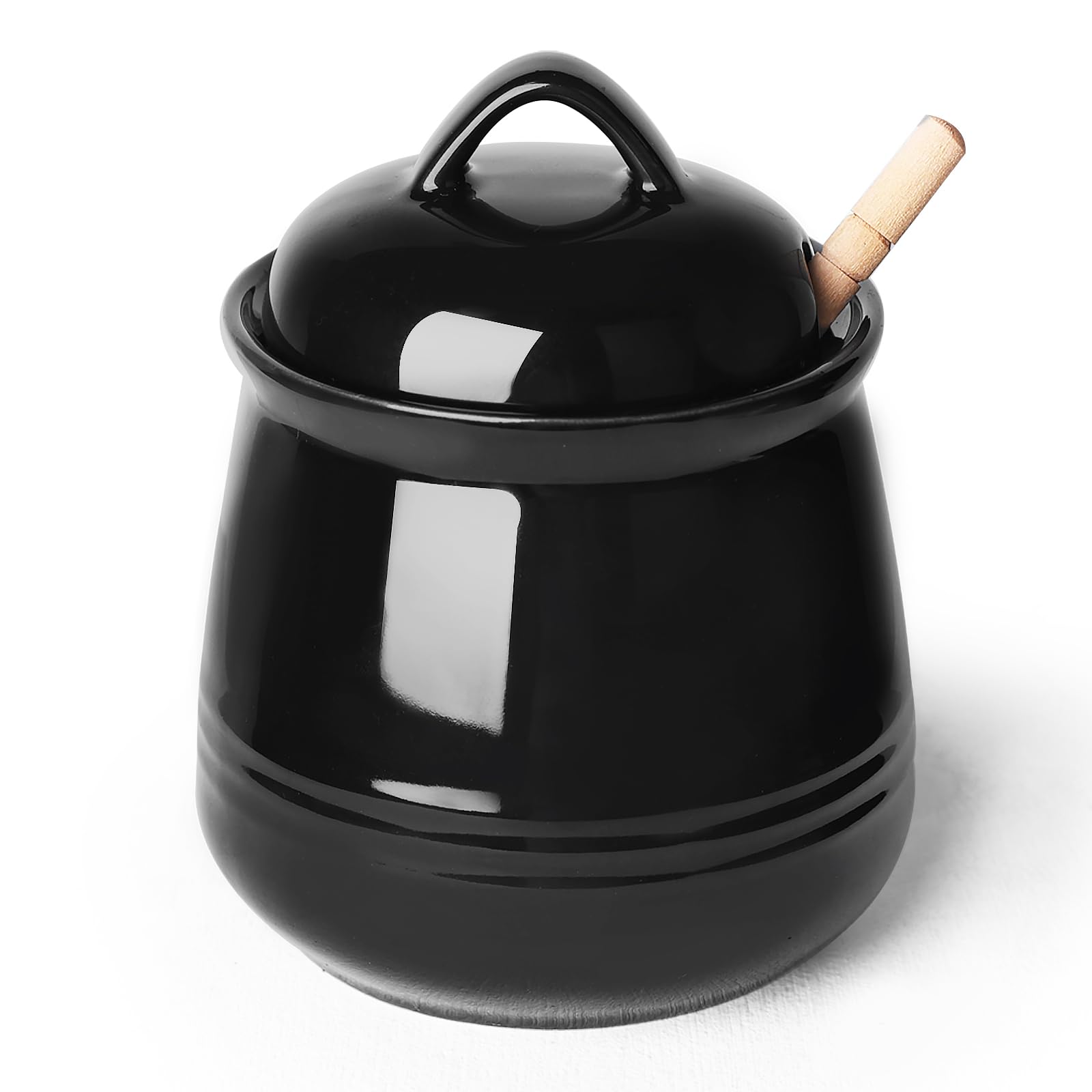 Photo 1 of HAOTOP Ceramic Honey pot with Lid and Honey Dipper,Porcelain Honey Jar Easy to Clean and Dishwasher Safe,12oz (Black)