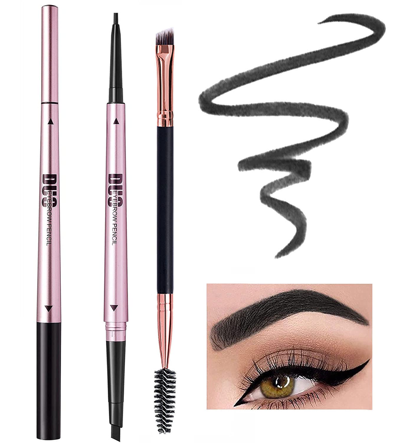 Mihqy 2 PCS Eyebrow Pencil with Brow Brush, Dual Ended Eyebrow Pen, Automatic Makeup Cosmetic Tool（Black)