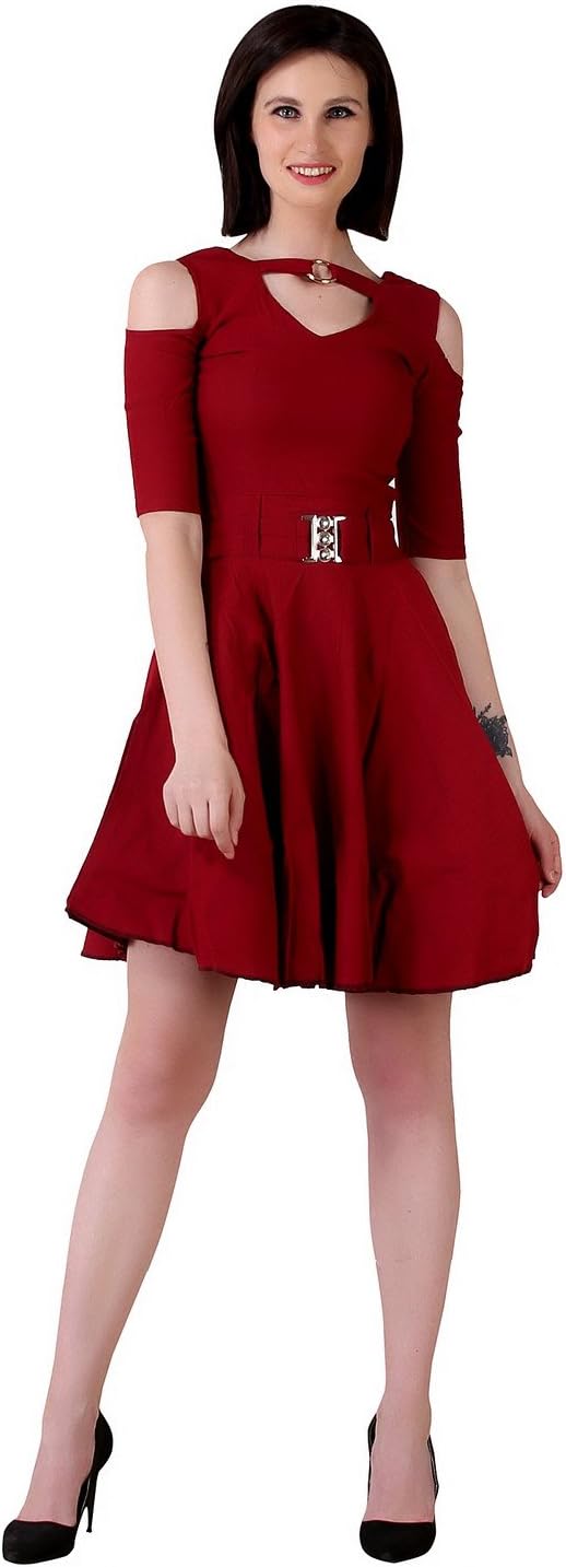 Shiof Shoulder Cut Lycra Short Partywear/Casual Dress for Women's & Girls
