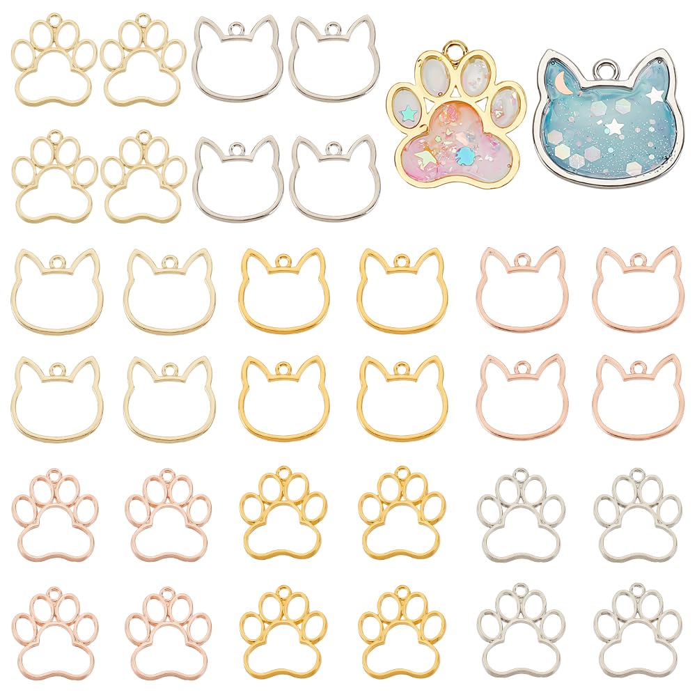 OLYCRAFT 32pcs 2 Styles Dog Paw Open Bezel Pendants Alloy Open Bezels for Resin Cat Head Open Back Bezel Footprint Hollow Frame with Loop for DIY UV Resin Jewelry Making - 4 Colors