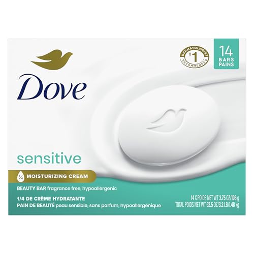 DOVE BEAUTY BAR MORE MOISTURIZING THAN BAR SOAP FOR SOFTER SKIN, FRAGRANCE-FREE, HYPOALLERGENIC, SENSITIVE SKIN WITH GENTLE CLEANSER 3.75 OZ 14 BARS