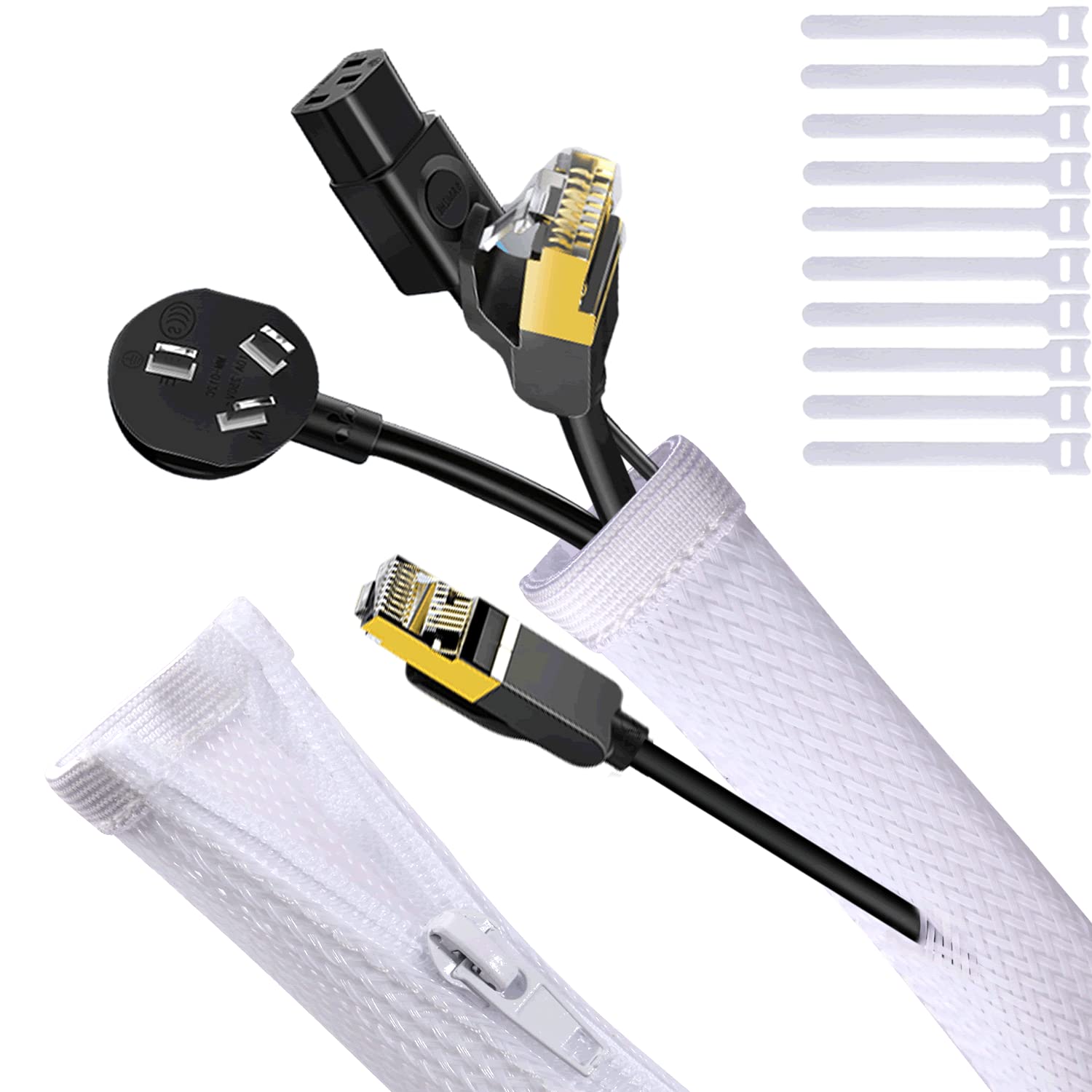 UPXDUMI Cable Tidy Zip Sleeve for PC/TV, 20mm - 1.2m Desk Cable Management Organisers, Wire Tidy Loom Tube Cord Wrap Protector with 10 PCS Reusable Cable Ties for Home, Office, 50+70cm, White