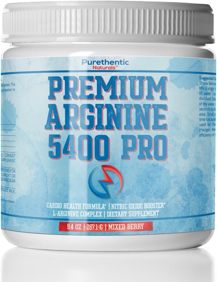 L-Arginine Powder 5400mg - Nitric Oxide Powder - Supports Blood Pressure and Cholesterol - Mixed Berry Flavor - Promotes Natural Energy and Cardiovascular Health - (9.4 oz Each, Pack of 3)
